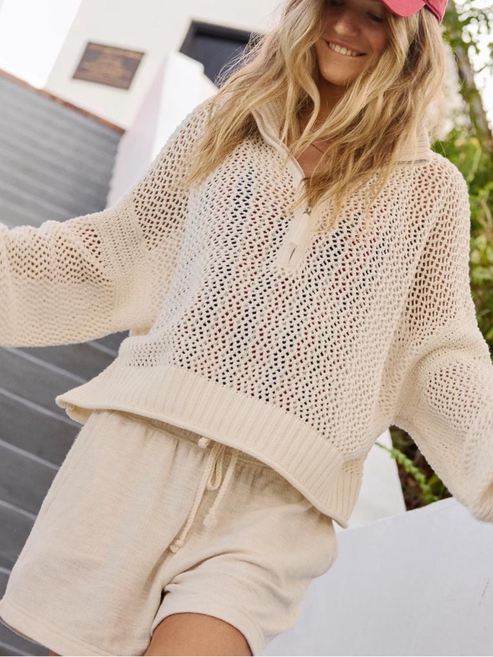 Aerie Aerie Crochet Quarter Zip Sweater